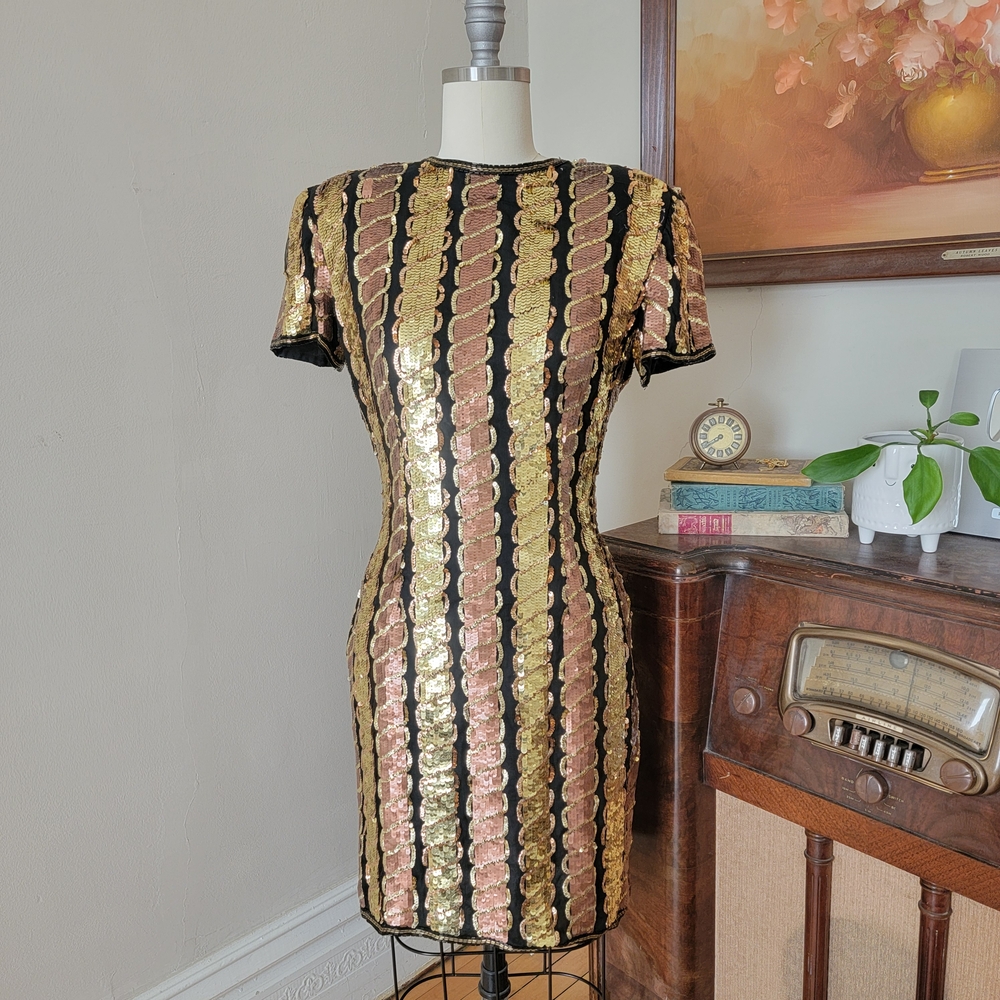 Vintage Stenay Gold and Black Striped Sequin Beaded Mini Dress 4 Small